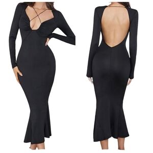 Women's Deep V-Neck Long Sleeve Fishtail Bodycon Midi Dress. Size Small